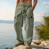 American men's cotton and linen trousers, four-season thin loose multi-pocket tooling casual wide-leg trousers