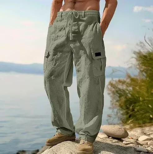 American men's cotton and linen trousers, four-season thin loose multi-pocket tooling casual wide-leg trousers