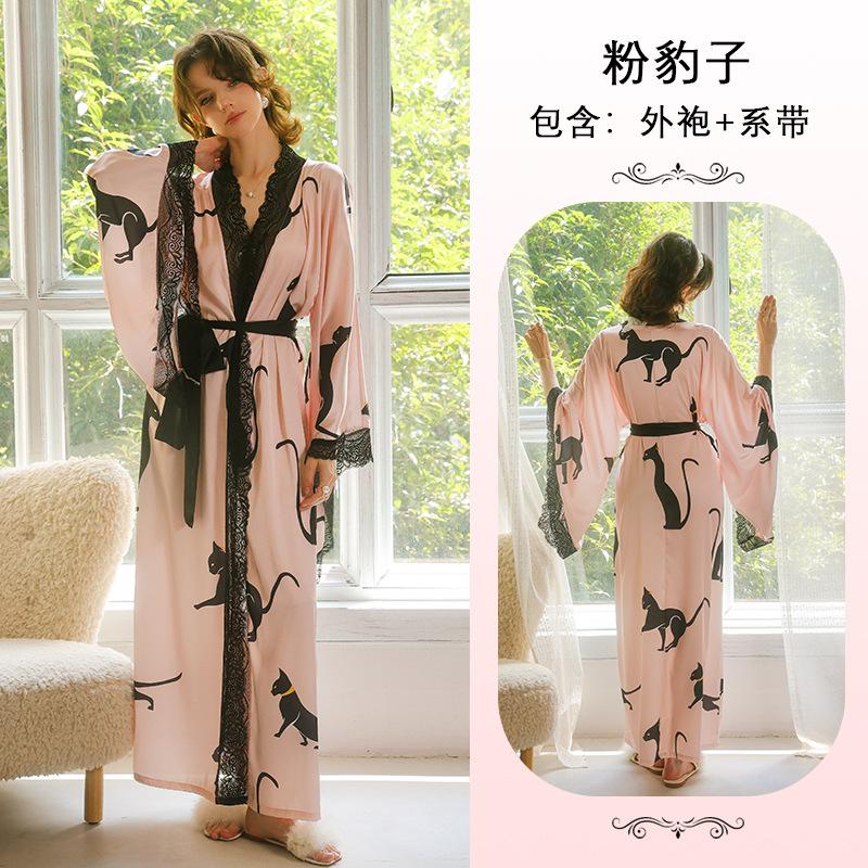Vintage leopard print lace splicing sexy long nightgown pink imitation silk lace-up home robe S