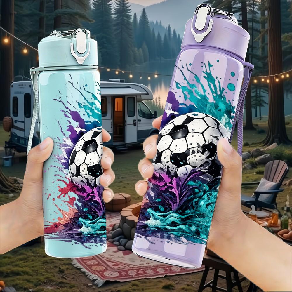 1PC Soccer Ball Splash Sports Art Print 750ml Color Plastic Sports Water Bottle Leakproof Flip Straw Lid Suitable for Sports Office Home Use