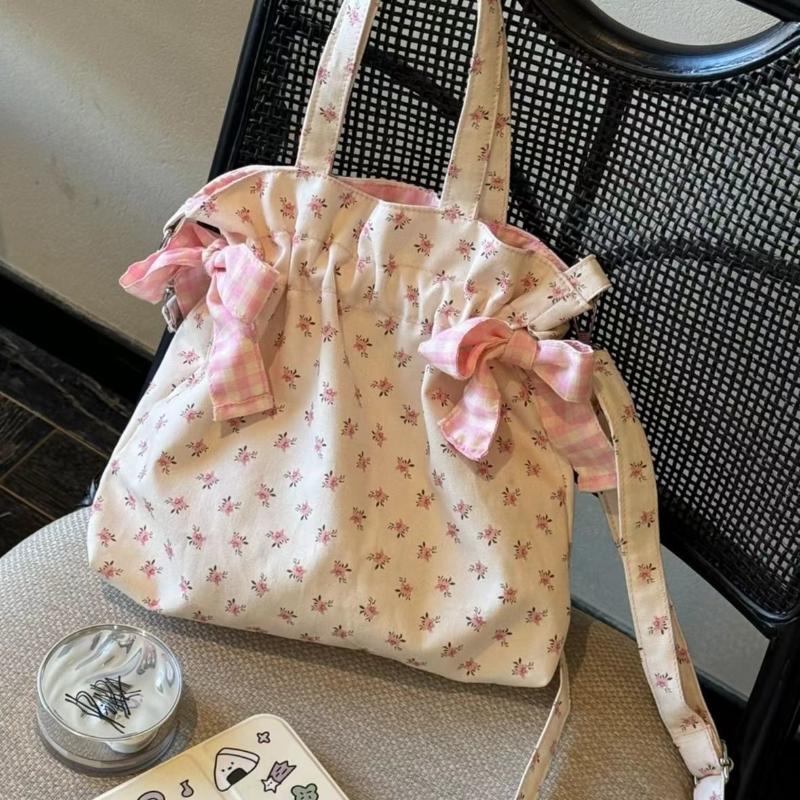 Simple Sweet Shoulder Bag Large Capacity Printed Tote Bag Fashion Sweet With Bowknot Storage Handbags Canvas Underarm Handbags