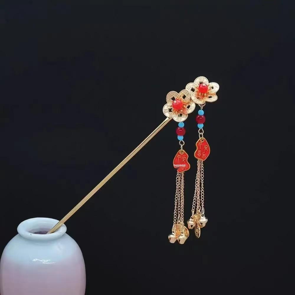 Vintage-Style Copper Coin Flower Hairpin with Tassel - Elegant Hanfu Hair Accessory