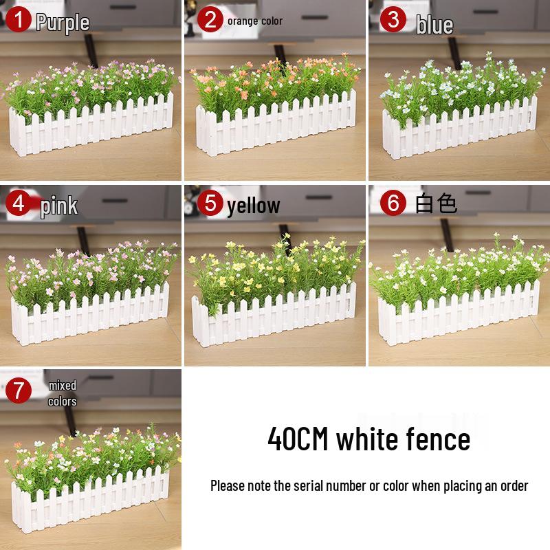 Silk Flower Pot with Wood Fence: Decorative Bonsai for Living Room or Office.