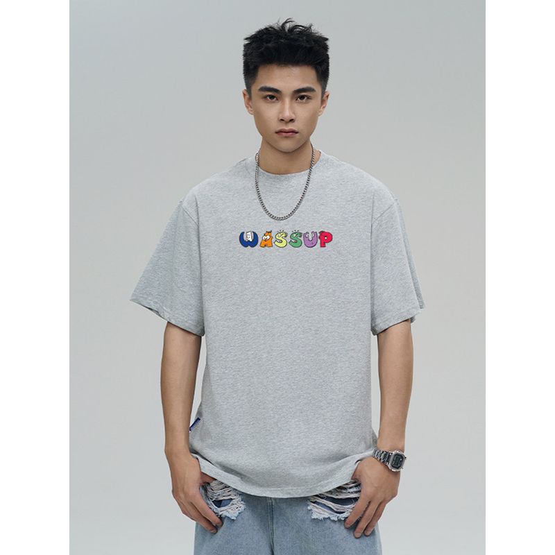 Wassup Trendy Brand Simple Letter T-Shirt Short Sleeve Unisex Summer 24 New Versatile Loose Casual Round Neck Top