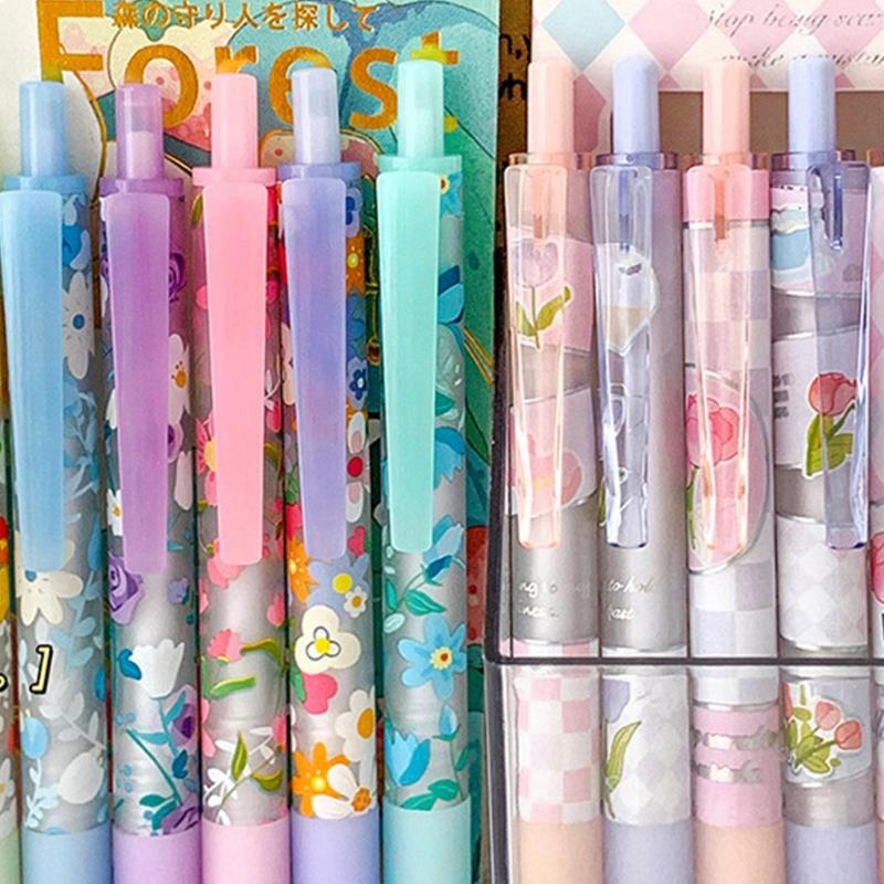 6 Pcs Retractable Gel Pen Floral Neutral Pen Black Ink Pressing Pen Quick-Drying Writing Pen Journaling Pen for Student