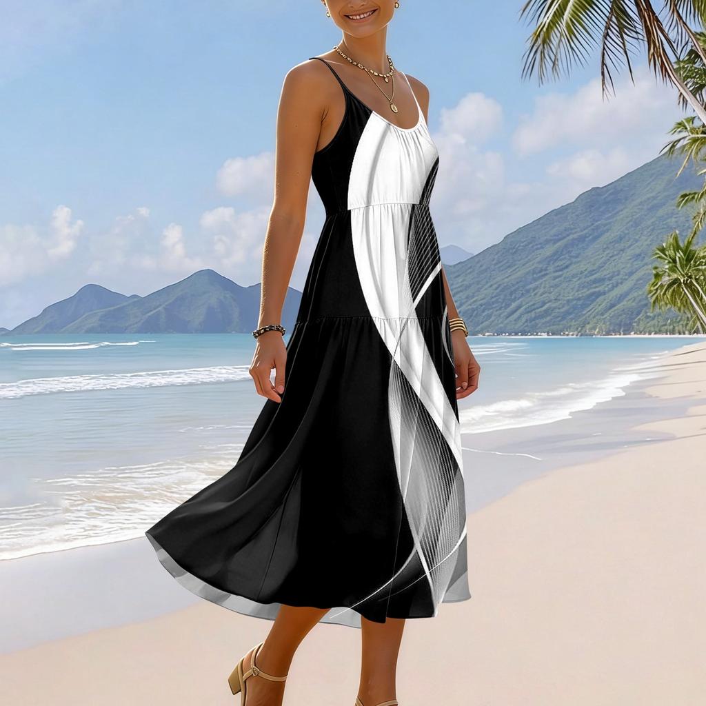 Women’s Summer Sleeveless Bohemian Floral Print Adjustable Strap Casual Beach Holiday Midi Dress with Pockets