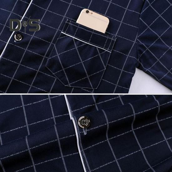 2Pcs/Set Men Pajamas Set Plaid Print Lapel Long Sleeve Single Breasted Shirt Elastic Waist Long Pants Set Loose Fit Loungewear Suit