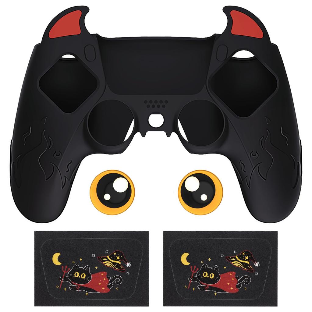PlayVital Silicone Cover for PS5 Cute Controller Cover Skin Protector with Thumb Grip Caps Touchpad Stickers Controller, (Demon Style) & [Black]
