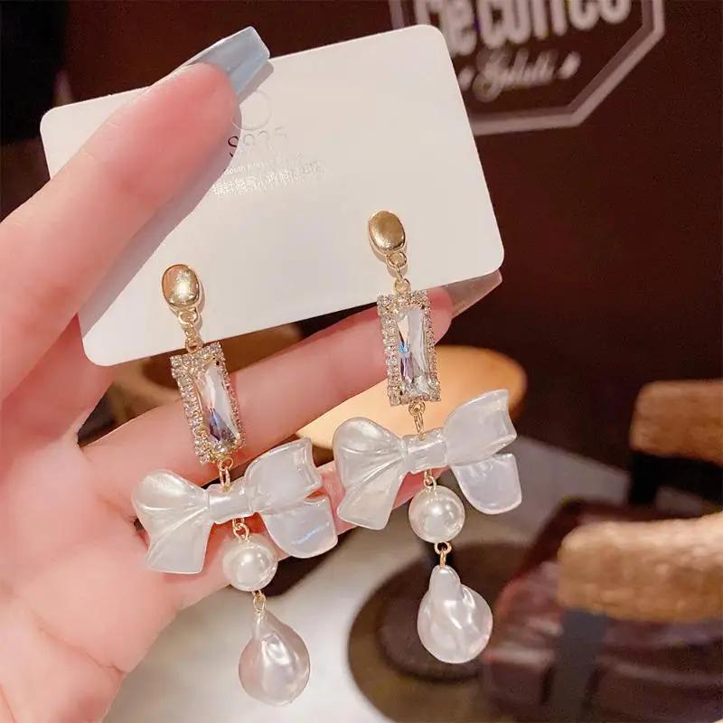 1 Pair Dangle Earrings Bowknot Shape Shining Rhinestones Lady Earrings Heart Imitation Pearls Tassel Jewelry Accessory