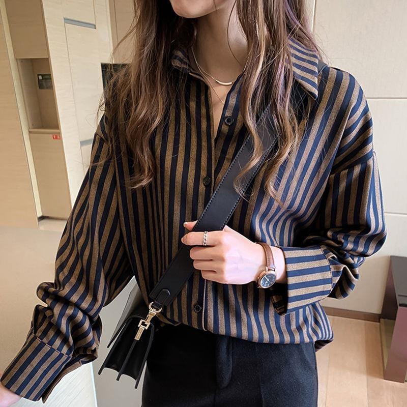 Camicia a righe vintage con colletto a punta per moda femminile primavera autunno casual versatile manica lunga monopetto