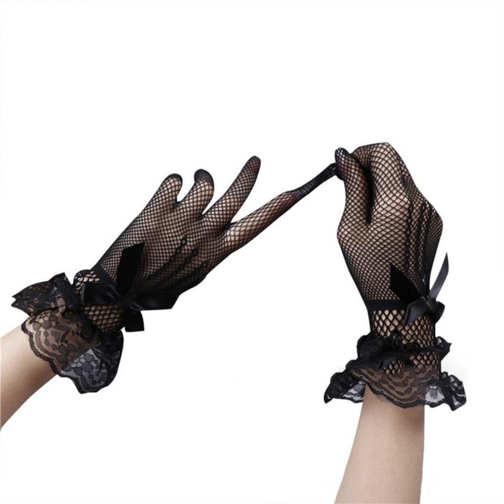 Xian Yi Lady Elastic Five-finger Fishing Net Hollow Bride Dance Bow Lace Gloves Perspective Mysterious Taste P8