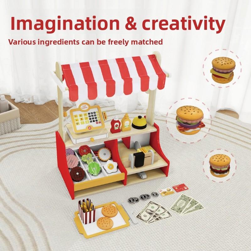 Burger Little Wooden Shop With Fruit Vegetables Cash Register For Play Creative