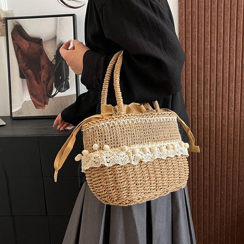 Yogodlns Women Straw Woven Bag Straw Tote Bag Large Capacity Weaving Shoulder Purse with Lace Woven Shopping HandBag Summer Beach Clutch