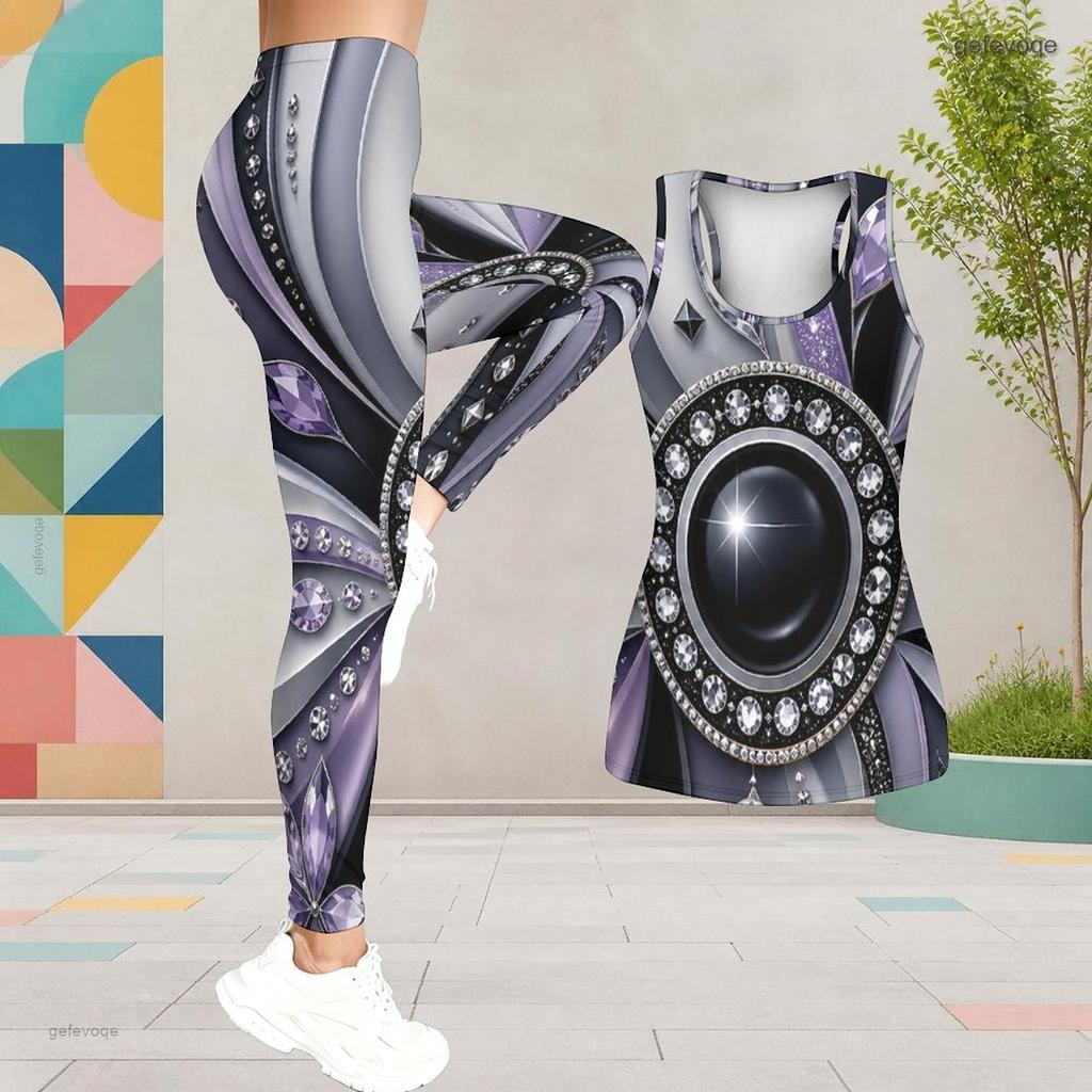 Women Plus Size Black Blue Purple Two Piece Set Scoop Neck Sleeveless Printed Longline Tank Top Fitted Leggings