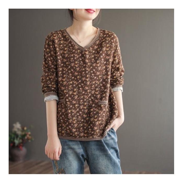 

Весна 2025 Батал Ретро Цветочный Воротник Длинный Рукав Хлопок Лен Футболка для Женщин - Универсальный Свободный Пуловер для Мам. XL 110-125 kg коричневый