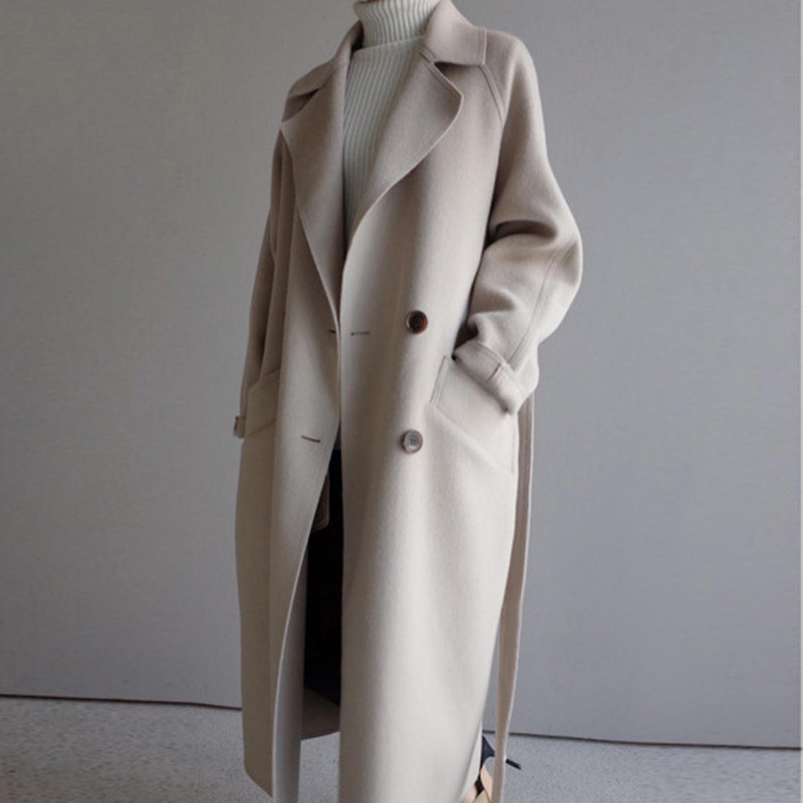 

Fashionable Women s Loose Over-the-Knee Belted Wool Coat XL бежевий
