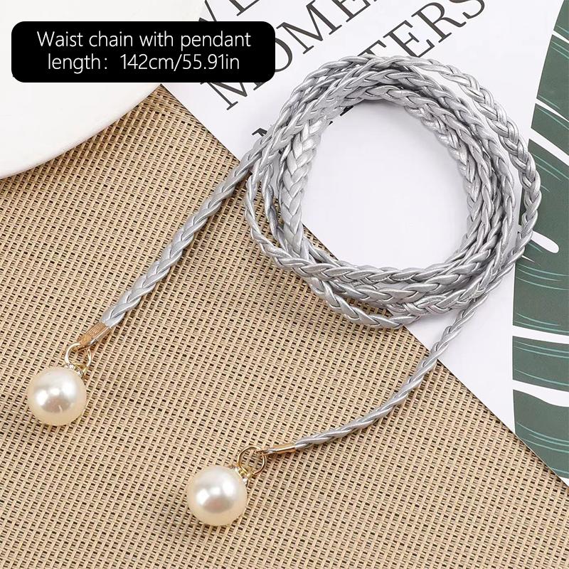 Retro Pu Braided Pearl Belt Waist Chain Versatile Women Leather Rope Waistband Waist Rope Jeans Dresses Clothing Accessories