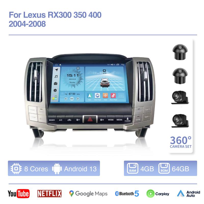 9.0Inch For Lexus RX300 350 400 2004-2008 Car Multimedia Video Player GPS Navigation Android13 8+256G 8Core CarPlay 4G 360Camera