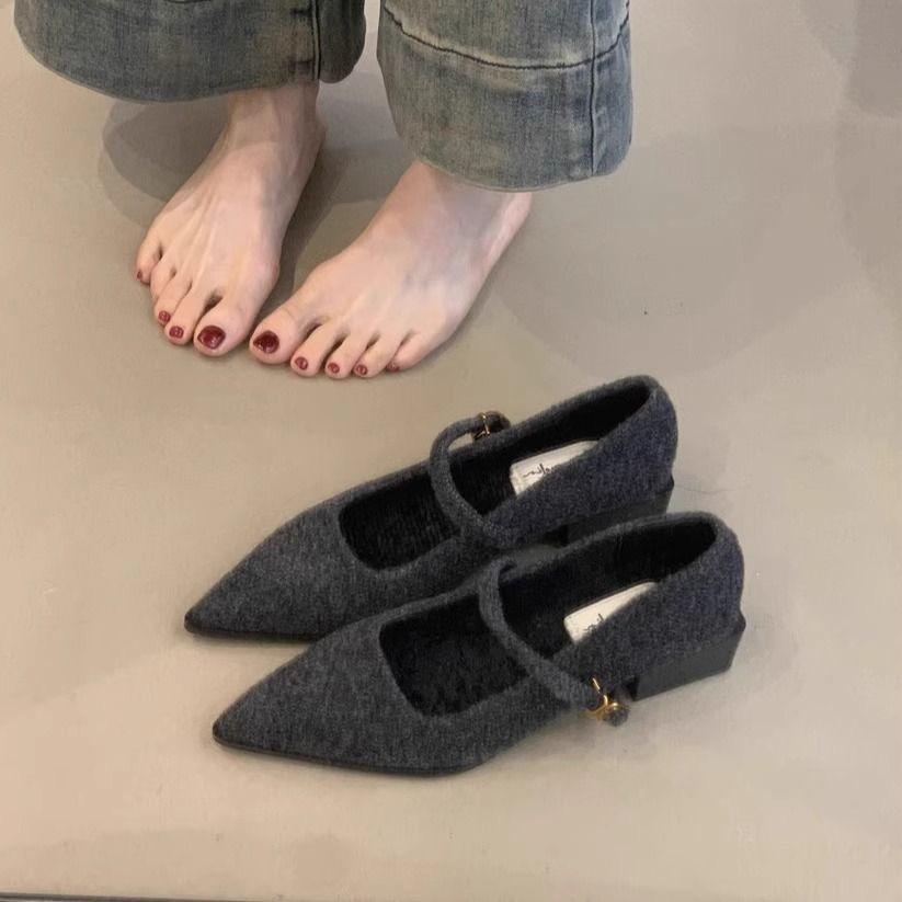 Winter Cotton Women Mary Jane Shoes Fashion Shallow Pointed Toe Shoes Concise Square Heels Shoes 2026