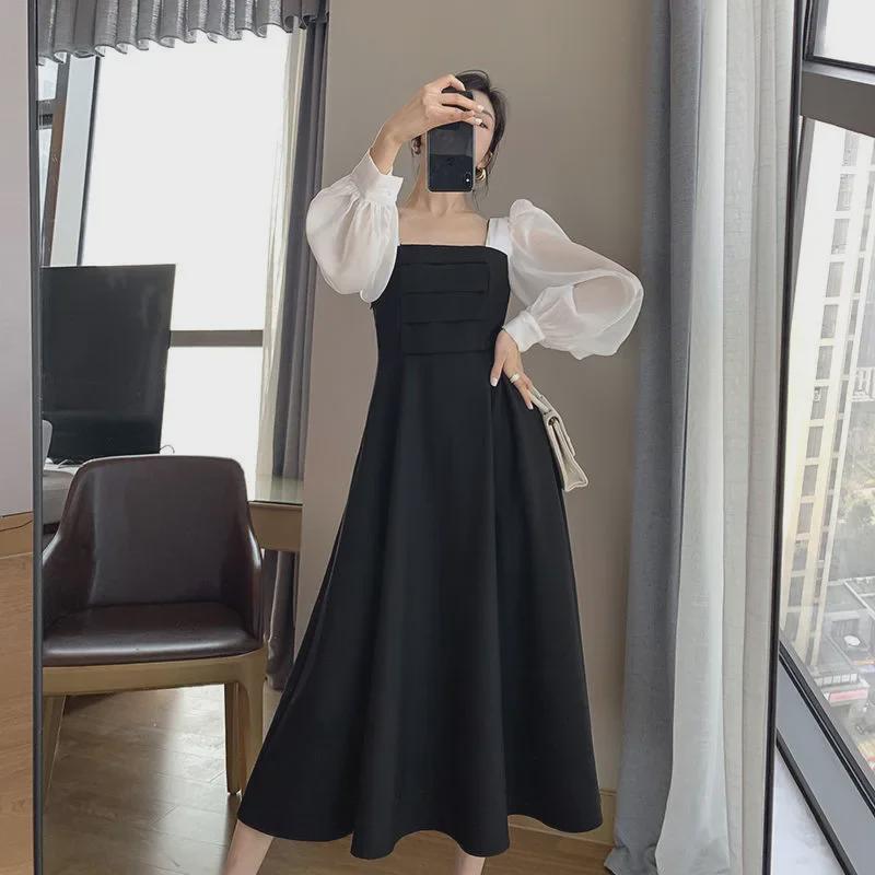 Podzimní francouzské retro šaty s dlouhým rukávem a hranatým výstřihem pro rok 2023 – klasická černá elegance