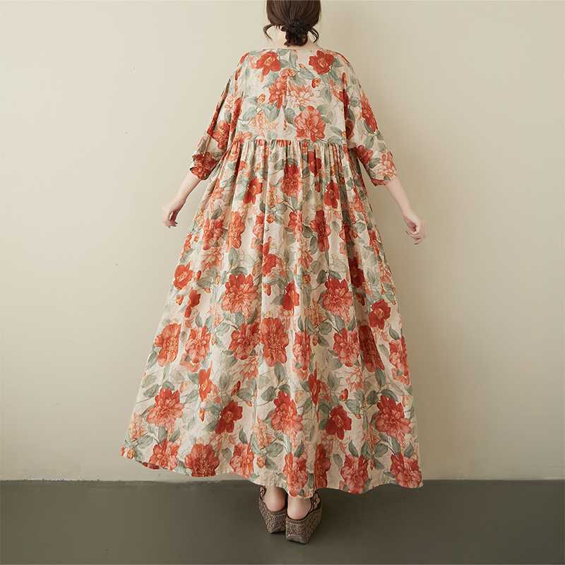 Damen Retro Rundhals Kurzarm Lockeres Kleid