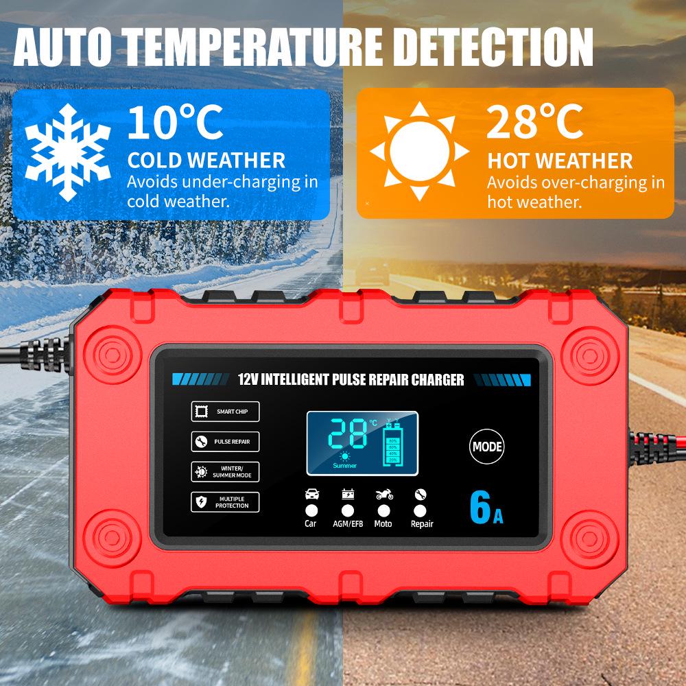 Smart 12V 6A Car & Motorcycle Charger, Repair & Low Voltage Start Function