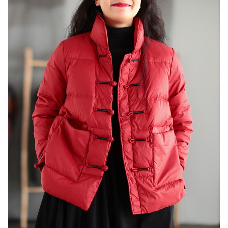 Womens Lightweight Down Jacket With Chinese Knot Buttons Loose Fit Stand Collar Parka