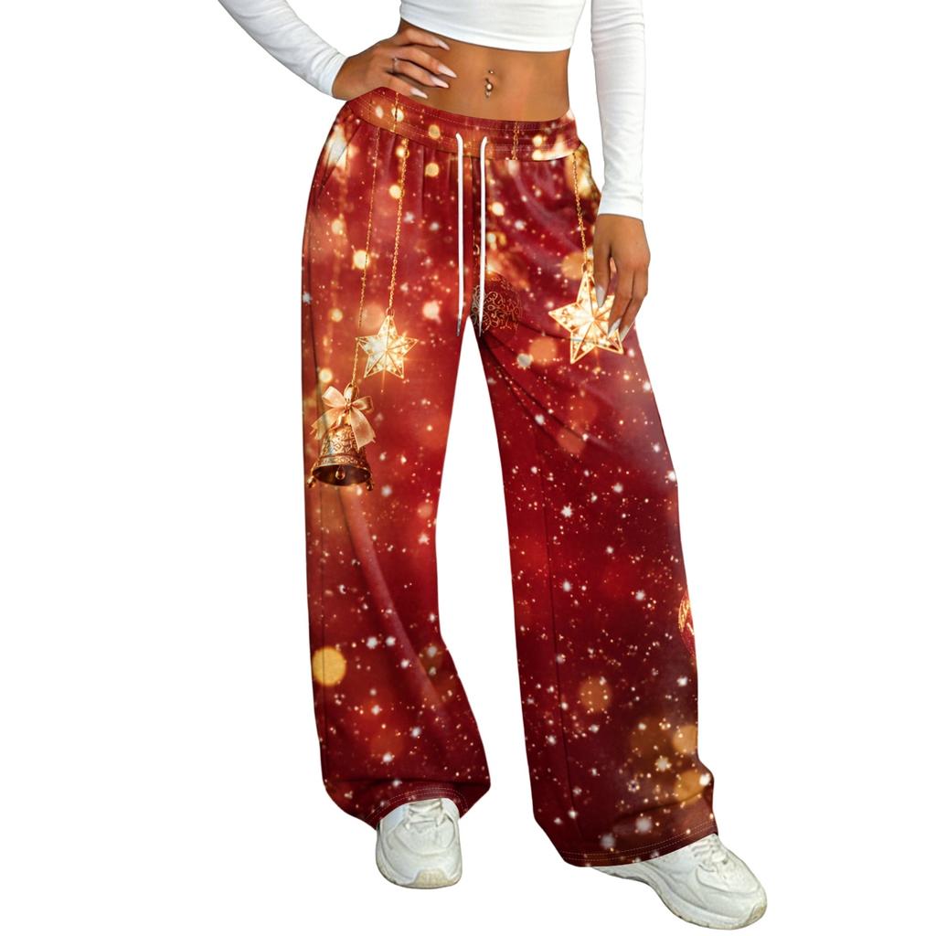 Women's Casual Christmas Print -Lined Loose Fit Straight Leg Pants with and Elastic Waistband