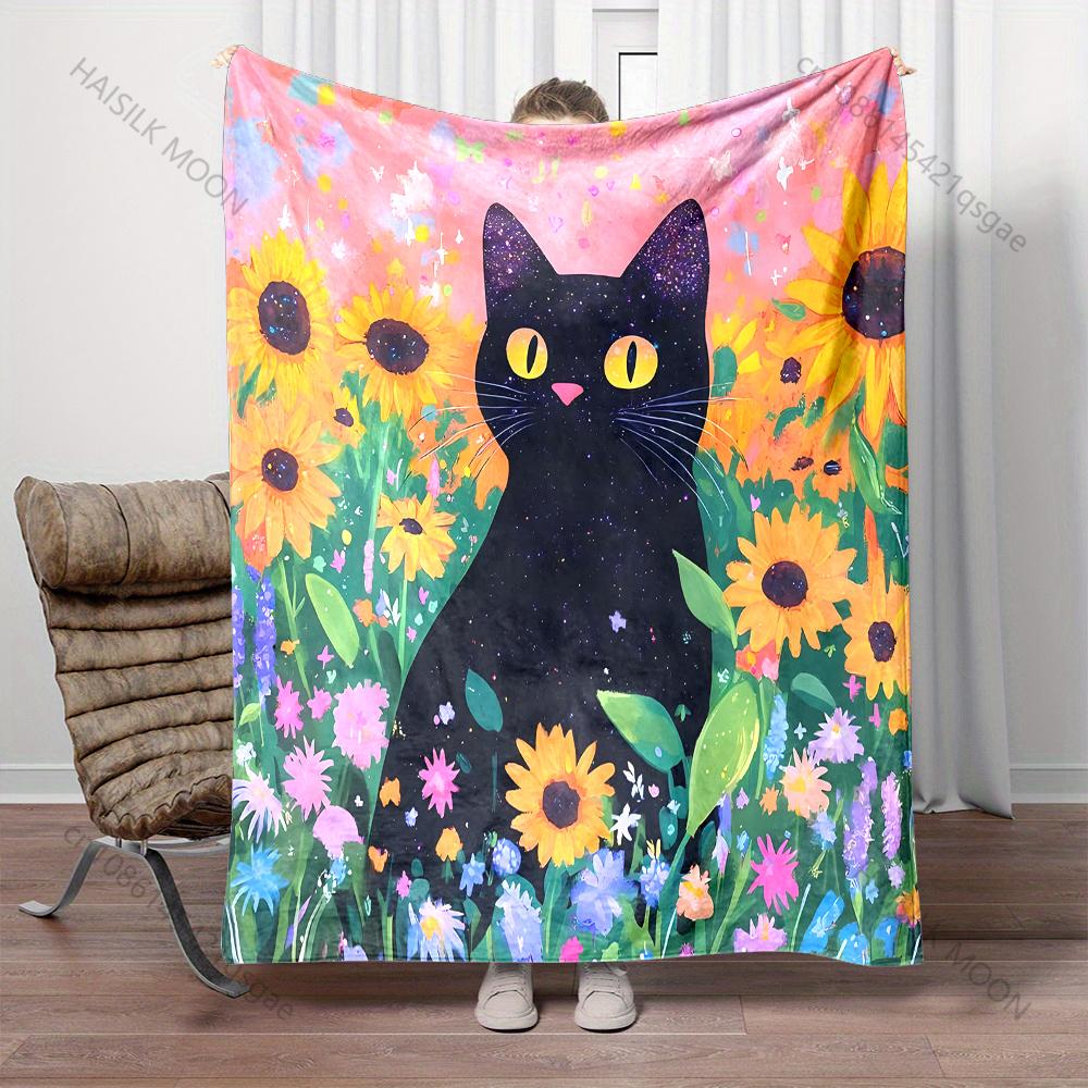 6 Style Sunflower Cat in Ink Style Print Warm Comfortable Blanket Home Travel Camping for Adults and Kids Luxury for Gifts