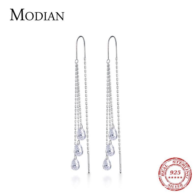 Modian Trendy Wedding Earring for Women 925 Silver Dazzling CZ Long Chain Tassel Water Drop Dangle Earring Fine Jewelry