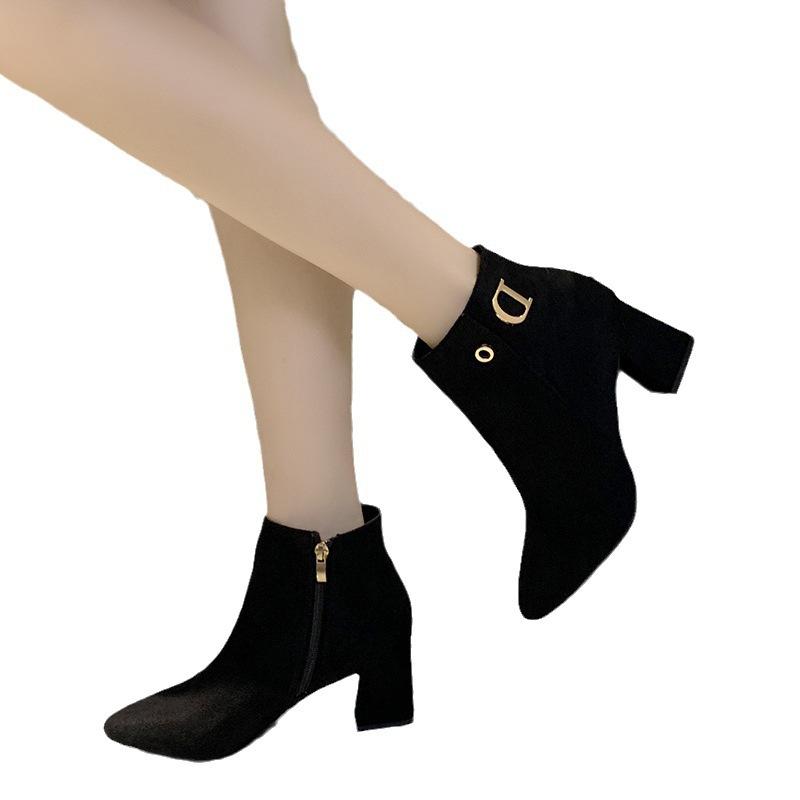 Autumn and winter European and American new thick heel pointed suede high heel large size side zipper short boots