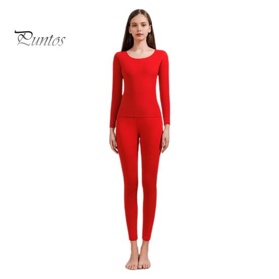 2 Pcs/Set Winter Women Thermal Underwear Set Round Neck Seamless Long Sleeve Warm Thick Double-sided Plush Slim Fit Elastic Lady Cold Weather Pajamas