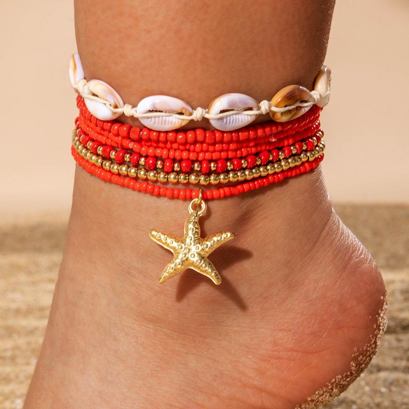 Bohemian holiday style acrylic shell woven anklet, beach style resin starfish anklet seven pieces