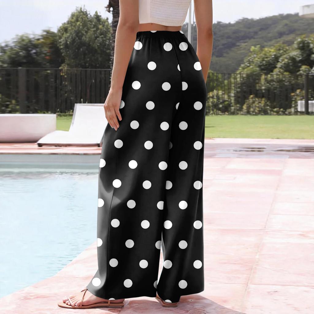 Women's Casual Dot Print Wide Leg Drawstring Pocket Beach Casual Pants