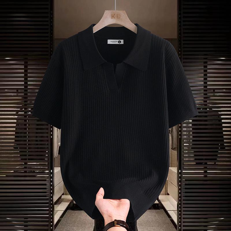 Men's Cream Ribbed Knit Short Sleeve Polo Shirt