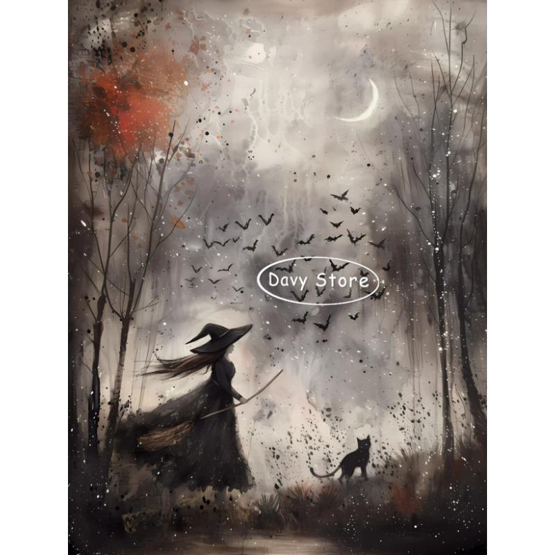 Vintage Witch Black Cat Dark Academia Poster Print Canvas Painting Halloween Witchy Wall Art Picture Gothic Room Home Decor