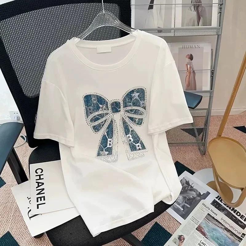 Korean Popular Bows Print T-Shirt Women Summer 2025 New Tee Casual Short Sleeve Y2k Top Elegant Ladies Printing Non-embroidery