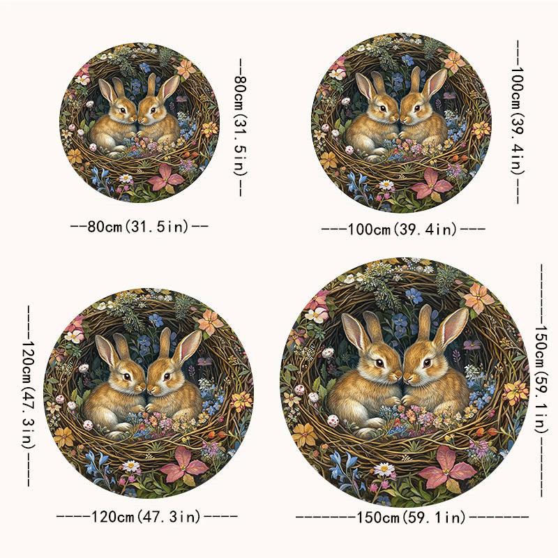 1Pcs Rabbit Floral Round Rug Non-Slip Machine Washable Floor Mat 2D Flat Soft Pastel Area Rug for Living Room Bedroom Easter Decor