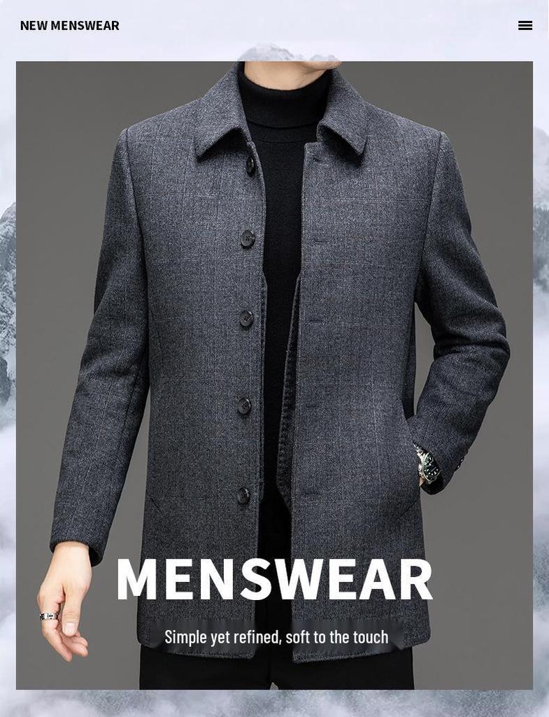 Men's Double-Faced Wool Blend Mid-Length Coat - Business Casual Down Jacket for Middle-Aged Dads