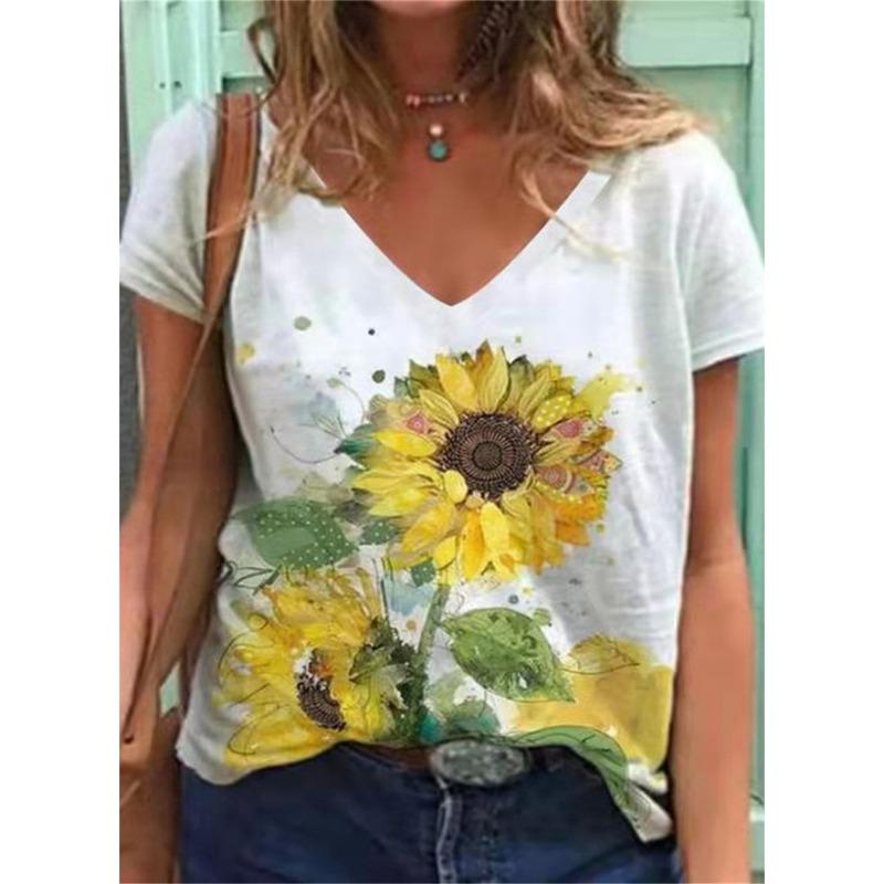 Fashion T-Shirts for Women 3D Flower Printed Tops Tees Summer Women's Tshirt Vintage Short Sleeves Top Women's Oversize T-Shirt