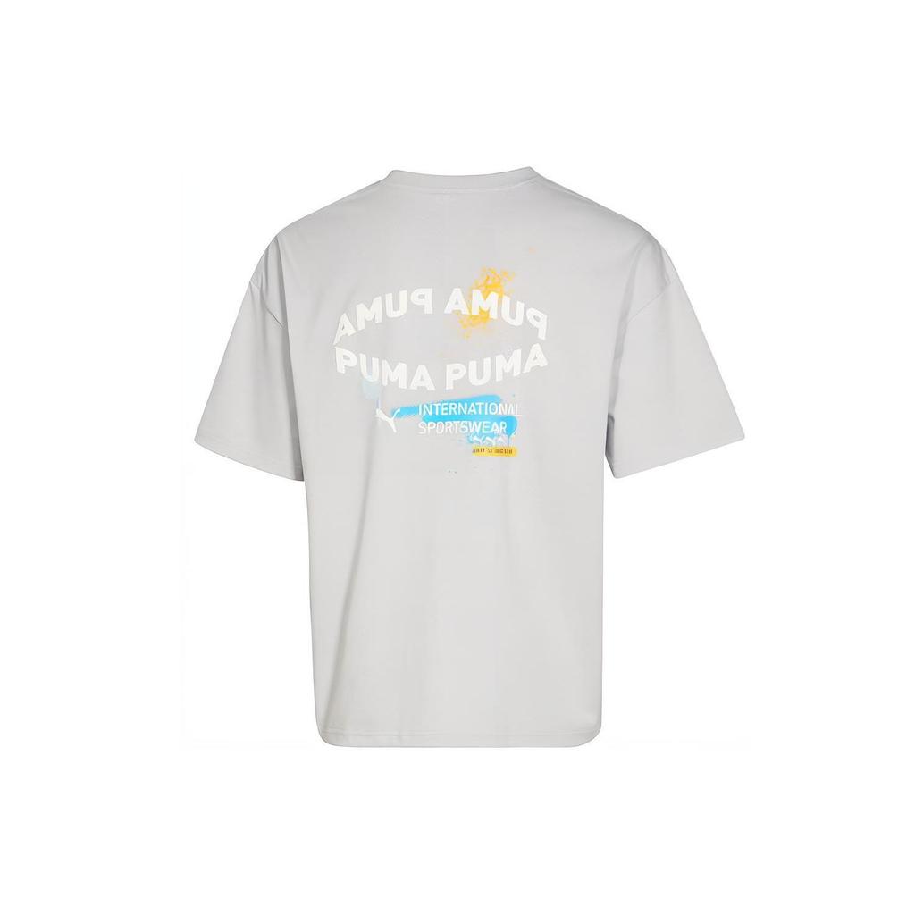 Puma Letter Logo Print Loose Round Neck Short Sleeve T-Shirt Unisex Tops Grey 536087-19