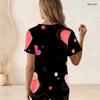 Women Plus Size Short Sleeve U Neck T Shirt Pink Heart Flower Star Dark Background Print Top