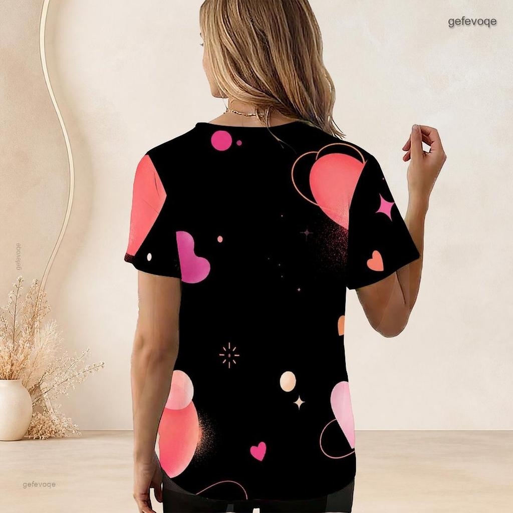 Women Plus Size Short Sleeve U Neck T Shirt Pink Heart Flower Star Dark Background Print Top