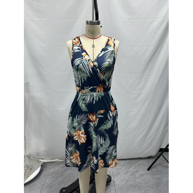Women Elegant V-Neck Fashion Printed Pocket Sleeveless Dresses Summer Ladies Casual Short Dress Female Party Vestidos