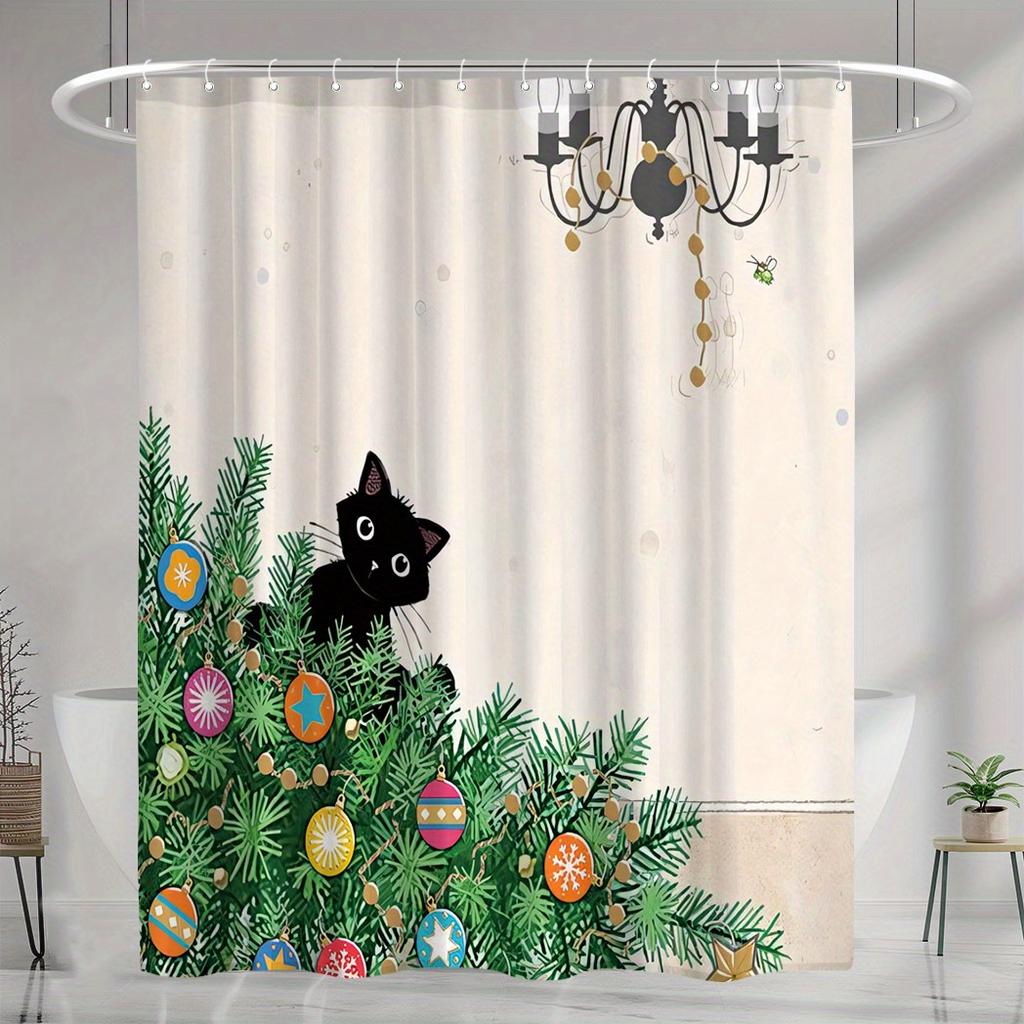 2026 Christmas Shower Curtain - Funny Cat & Dinosaur Design With Xmas Ornaments, Waterproof Polyester Bathroom Decor, 72X72In