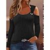 Winter European and American Amazon Temu Independent Station Cross-Border New Arrival Casual V-neck Metal Buckle Sunken Stripe Long Sleeves T-shirt