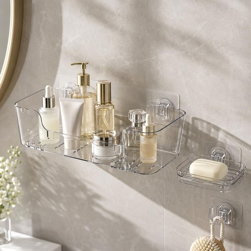 Bathroom Wall Shelf with Open Base, Adhesive Shower Storage Rack for Mounting of Bottles, Soap and Daily Use Items near Sink Side Storage