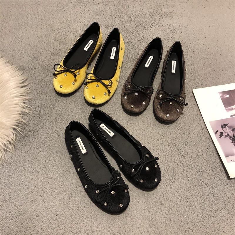 IPPEUM Velvet Ballet Flats Women Black Round Toe Ballerinas Zapatos Mujer Mary Janes Shoes