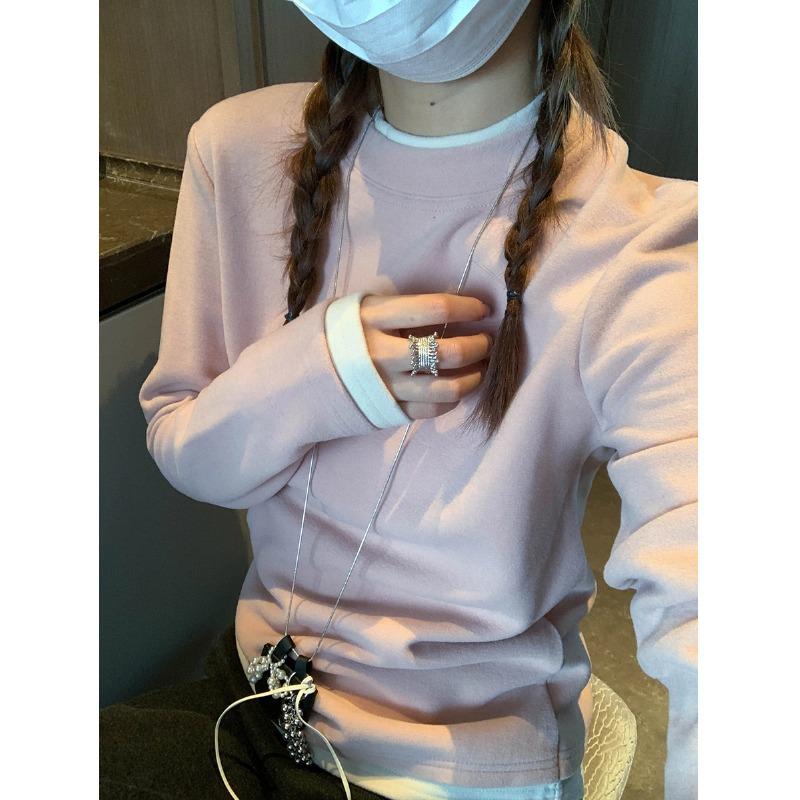 Mochie Warm Double-Sided Velvet Color Block Two-Piece Layer T-Shirt Large