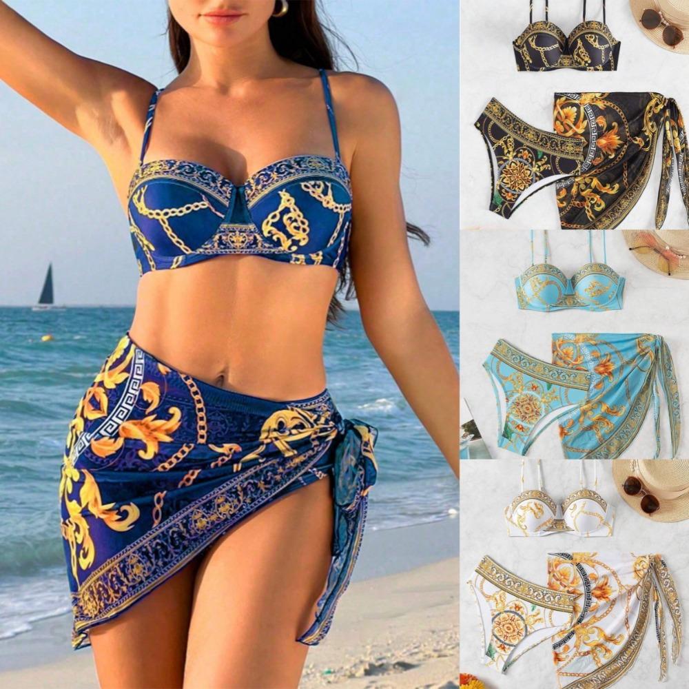 Europees en Amerikaans Nieuw Eendelig Badpak Sexy Rug Gedrukt Drie Delig Bikini Pak voor Vrouwen